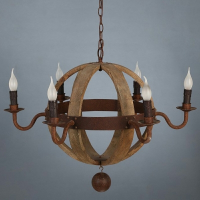 French Retro Pendant Light Fixture Wood 6 Head Chandelier for Cafe