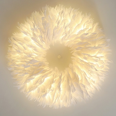 White Hanging Lamp Round Shade  Modern Style Feather Pendant Light for Living Room
