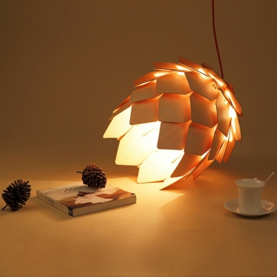 1-Light Drop Pendant Minimalist Style Pine Cones Shape Wood Hanging Light Kit