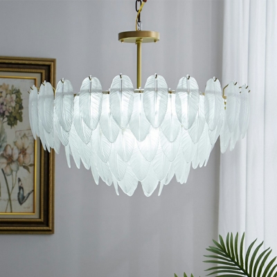 12 Lights Feather Shade Hanging Light Modern Style Glass Pendant Light for Living Room