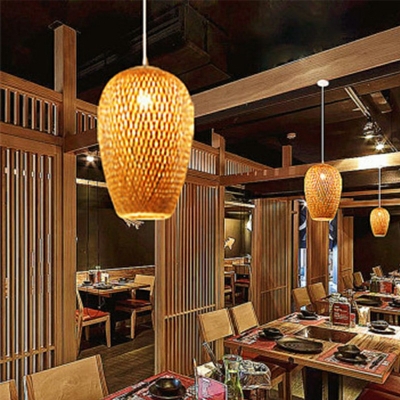 1-Light Hanging Lighting Asian Style Cylinder Shape Rattan Ceiling Pendant Light