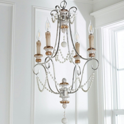 French Style Hanging Ceiling Light 4 Light Wooden Beads Chandelier for Bedroom