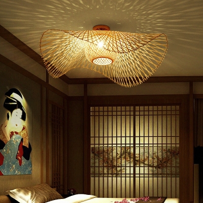 Yellow Flushmount Hat Shade Modern Style Bamboo Flush Mount Ceiling Light for Dining Room