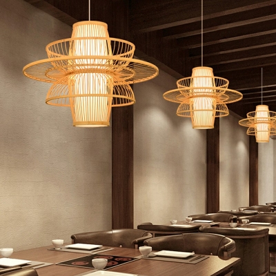 1-Light Ceiling Lamp Asian Style Cage Shape Rattan Hanging Pendant Light