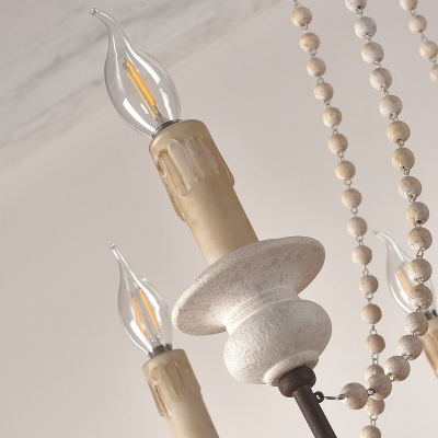 French Retro Pendant Light Fixture Wooden Beads Chandelier for Bedroom Living Room