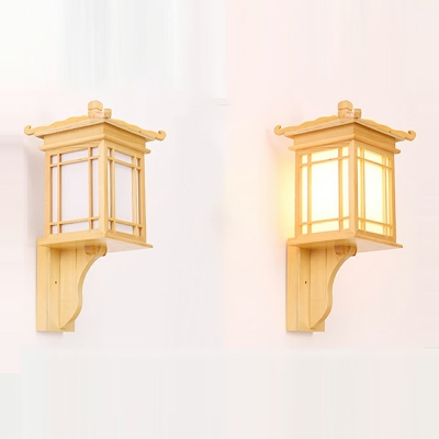 1-Light Sconce Light Fixture Minimalist Style Roof Shape Wood Wall Mount Lamp