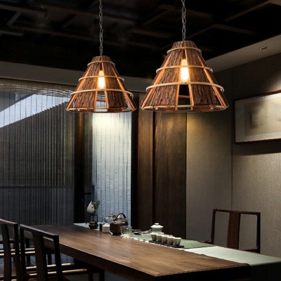 1-Light Suspension Lamp Asian Style Cone Shape Rattan Hanging Light Fixtures