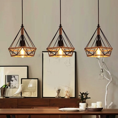 3-Light Pendant Ceiling Lights Vintage Style Diamond Shape Metal Suspension Lamp