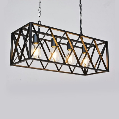 4-Light Island Ceiling Light Industrial Style Rectangle Shape Metal Chandelier Lighting