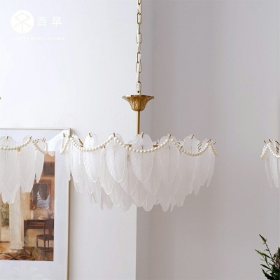 6-Light Hanging Chandelier ​Traditional Style Feather Shape Glass Suspension Light