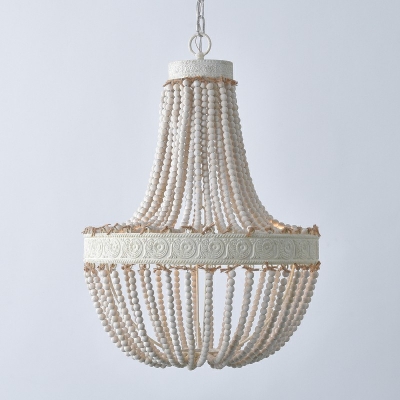 French Style Hanging Ceiling Light Wooden Beads 3 Light Chandelier for Bedroom