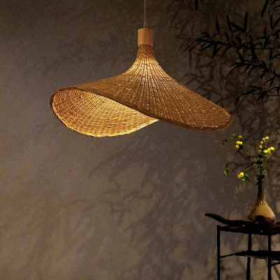 1-Light Hanging Light Fixtures Asian Style Hat Shape Rattan Pendant Lighting