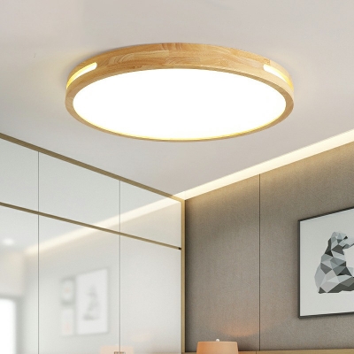 1 Light Round Shade Flush Light Modern Style Wood Led Flush Light for Living Room
