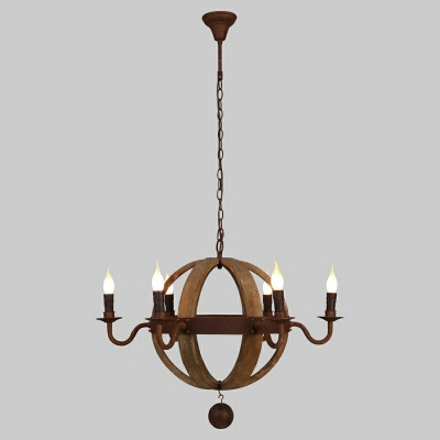 French Retro Pendant Light Fixture Wood 6 Head Chandelier for Cafe