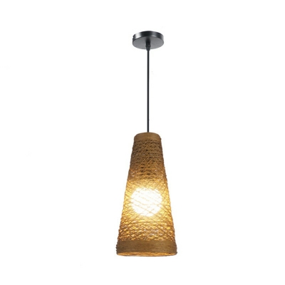1-Light Hanging Lamp Kit Asian Style Cone Shape Rattan Suspension Pendant