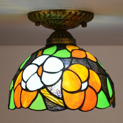 1-Light Flush Mount Lighting Tiffany Style Cone Shape Glass Ceiling Mounted Fixture
