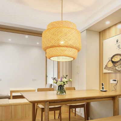 1-Light Hanging Lamp Kit Asian Style Cage Shape Rattan Pendant Light Fixture