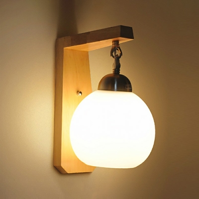 1-Light Sconce Light Fixture Minimalist Style Globe Shape Wood Wall Lamps