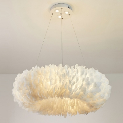 8 Lights Round Shade Hanging Light Modern Style Feather Pendant Light for Living Room