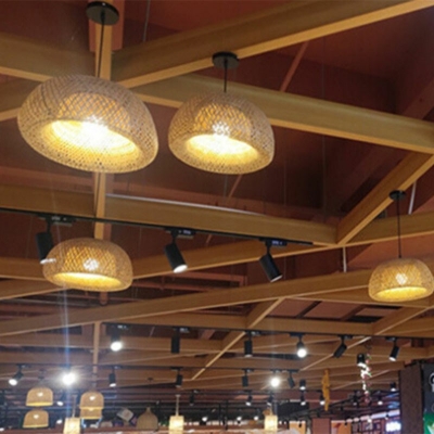 1-Light Ceiling Lamp Asian Style Dome Shape Rattan Suspension Pendant