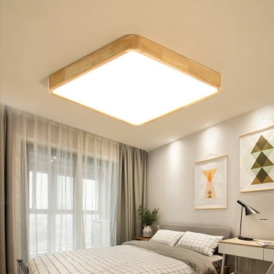 1 Light Square Shade Flush Light Modern Style Wood Led Flush Light for Living Room