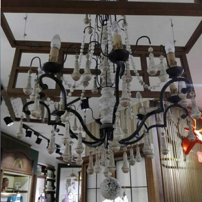 8-Light Chandelier Lamp Traditional Style Bead Shape Wood Suspended Lighting Fixture
