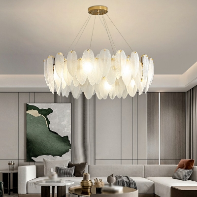 White Chandelier Leaf Shade Hanging Light Modern Style Glass Pendant Light for Living Room