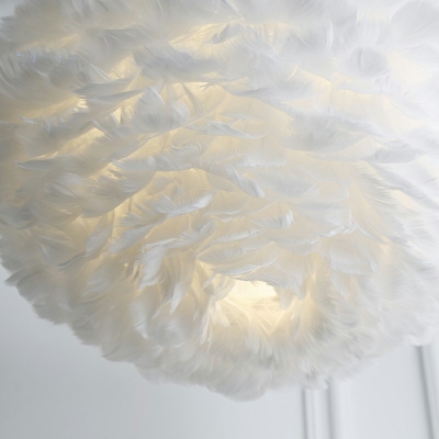 White Chandelier Round Shade Hanging Light Modern Style Feather Pendant Light for Living Room