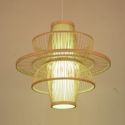 1-Light Ceiling Lamp Asian Style Cage Shape Rattan Hanging Pendant Light