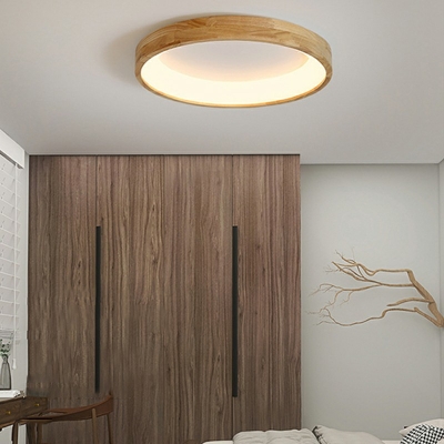 1 Light Round Shade Flush Light Modern Style Wood Led Flush Light for Dining Room