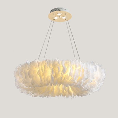 White Suspension Light Round Shade Modern Style Feather Pendant Light for Living Room