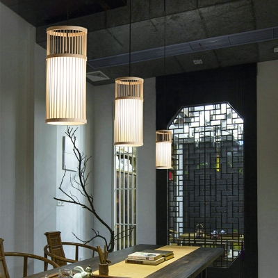 1-Light Pendant Light Fixtures Asian Style Cylinder Shape Rattan Suspension Lamp
