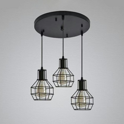 3-Light Hanging Lighting Industrial Style Cage Shape Metal Multi Light Pendant