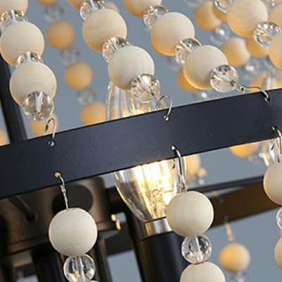 French 6 Light Retro Pendant Light Fixture Wooden Beads Chandelier for Bedroom
