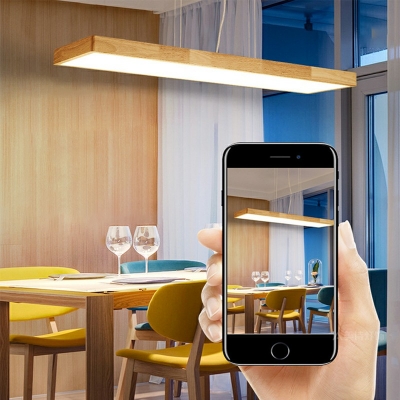 1-Light Island Chandelier Lights Minimal Style Rectangle Shape Wood Remote Control Stepless Dimming Light Hanging Lamp