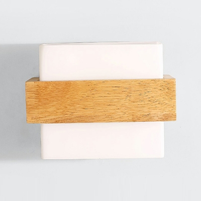 1-Light Sconce Light Minimalist Style Square Shape Wood Wall Mount Lamp