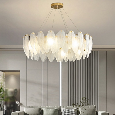 White Chandelier Leaf Shade Hanging Light Modern Style Glass Pendant Light for Living Room