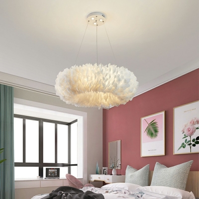8 Lights Round Shade Hanging Light Modern Style Feather Pendant Light for Living Room