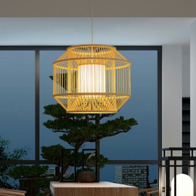 1-Light Pendant Lights Asian Style Cage Shape Ratten Hanging Light Fixtures