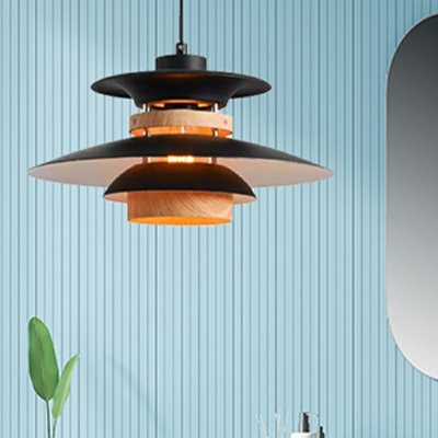 1-Light Suspension Lamp Modernist Style Saucer Shape Wood Hanging Light Fixtures