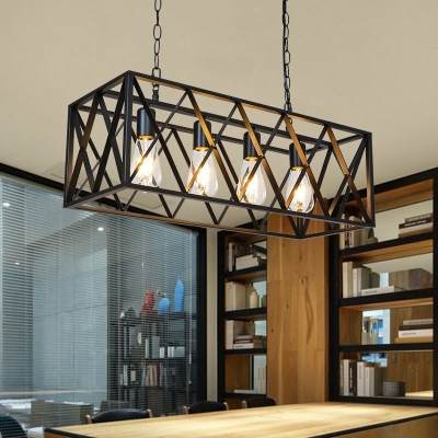 4-Light Island Ceiling Light Industrial Style Rectangle Shape Metal Chandelier Lighting