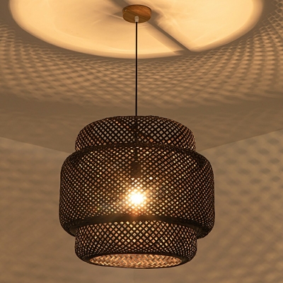1-Light Hanging Lamp Kit Asian Style Cage Shape Rattan Pendant Light Fixture