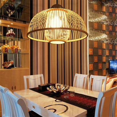 1-Light Hanging Pendant Lamp Asian Style Semicircle Shape Rattan Down Lighting