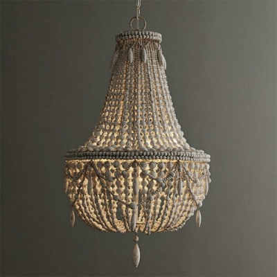French Style Hanging Ceiling Light Wooden Beads Chandelier for Bedroom