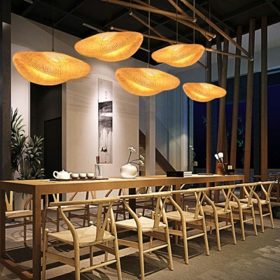 1-Light Hanging Light Fixtures Asian Style Hat Shape Rattan Down Lighting