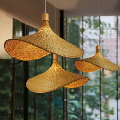 1-Light Hanging Light Fixtures Asian Style Hat Shape Rattan Pendant Lighting
