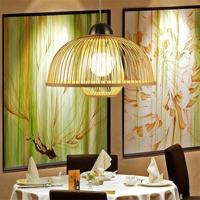 1-Light Hanging Pendant Lamp Asian Style Semicircle Shape Rattan Down Lighting