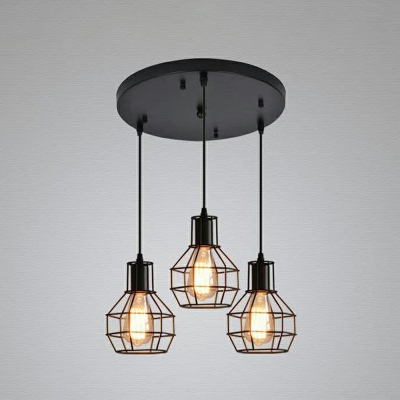 3-Light Hanging Lighting Industrial Style Cage Shape Metal Multi Light Pendant