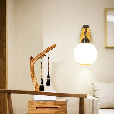 1-Light Sconce Light Fixture Minimalist Style Globe Shape Wood Wall Lamps