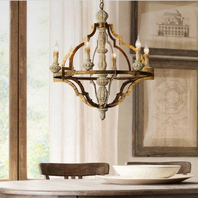 French Retro Chandelier 6 Head Wood Ceiling Chandelier for Living Room